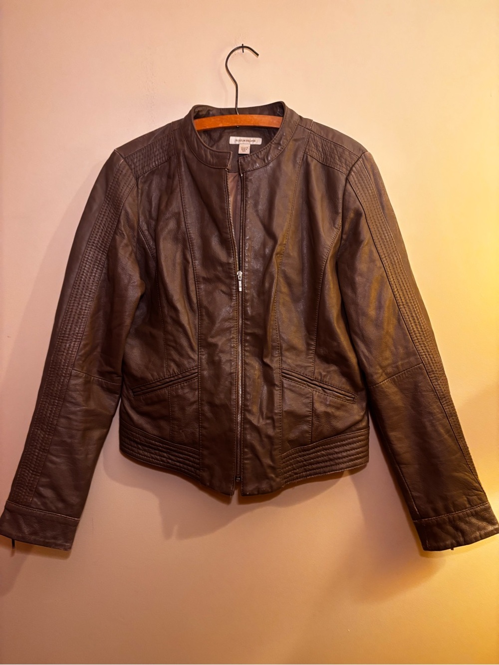 Boston Proper Dark Brown Genuine Leather Zip Moto Jacket